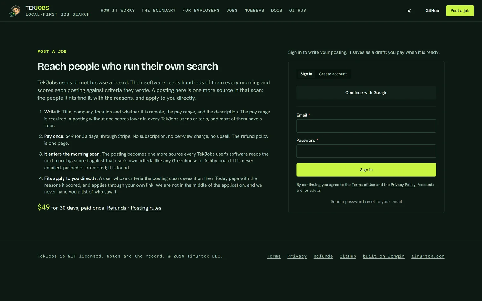 The post-a-job page on tekjobs.timurtek.com: Reach people who run their own search, four steps from writing the post to fits applying directly, $49 for 30 days, and a sign-in panel