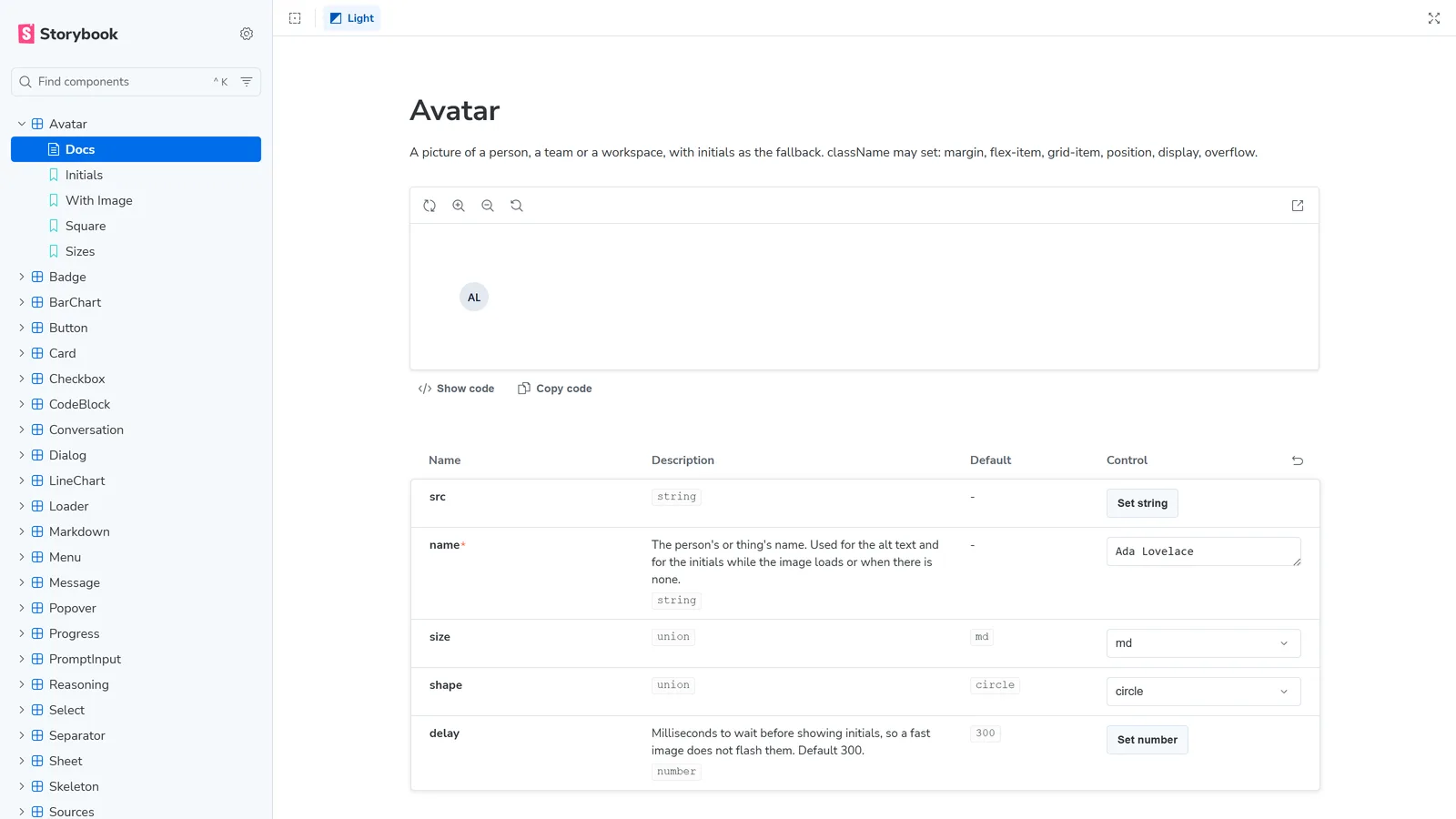 The Zengin UI Storybook: the components in the sidebar, from Avatar and Badge through the AI kit (Conversation, Message, PromptInput, Reasoning, ToolCall) to Toast and Tooltip
